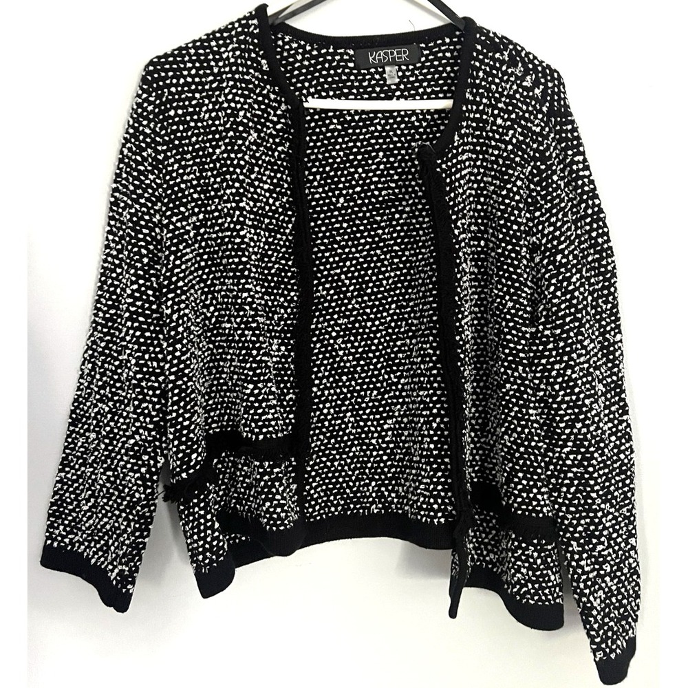 Kasper Sweater Womens PL Black White Boucle Knit Open Front Fringe Cardigan